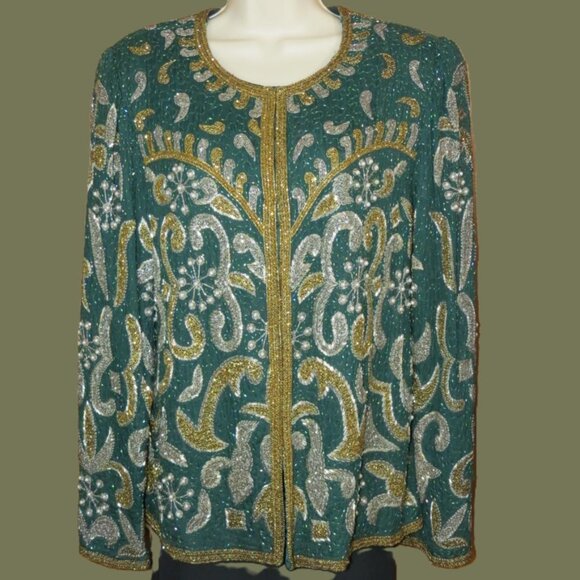 Laurence Kazar Green & Gold Vintage Beaded Silk Evening Cocktail Jacket Size XL - Picture 1 of 11